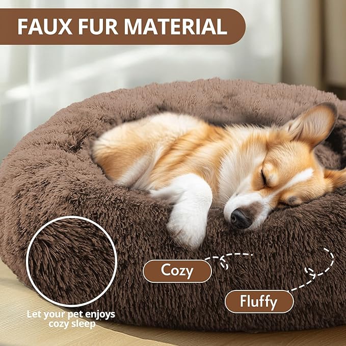 JOLLYVOGUE Small Dog & Cat Beds for Indoor Cats, Donut Cuddler Warming Soft Dog Beds with Anti-Slip Bottom, Round Calming Fluffy Plush Faux Fur Cushion Bed for Small Dogs (23", Coffee)