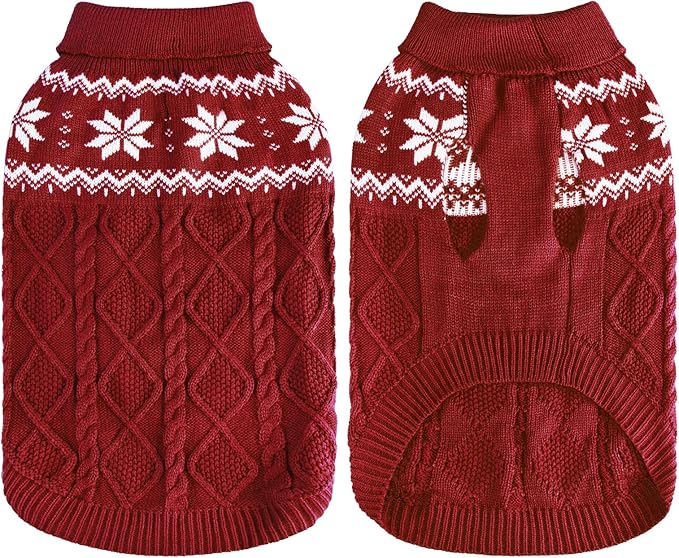 Warm Winter Pink Dog Sweater - Cold Weather Pet Clothes for Small Medium Large Dogs Indoor Outdoor, Soft Classic Knit Puppy Apparel Coat, Dark Red, S
