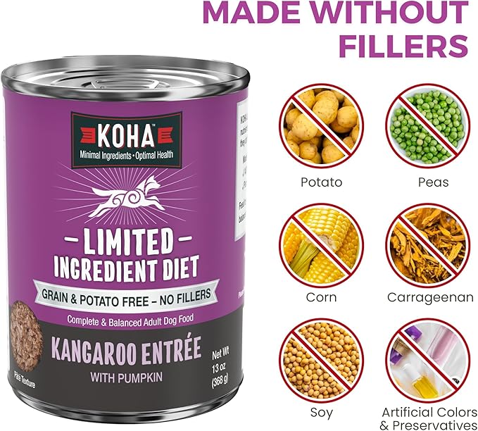 KOHA Limited Ingredient Diet Kangaroo Entrée for Dogs - Grain Free Wet Dog Food with No Fillers - Sensitive Stomach Kangaroo Dog Food - 13 oz Pack of 12