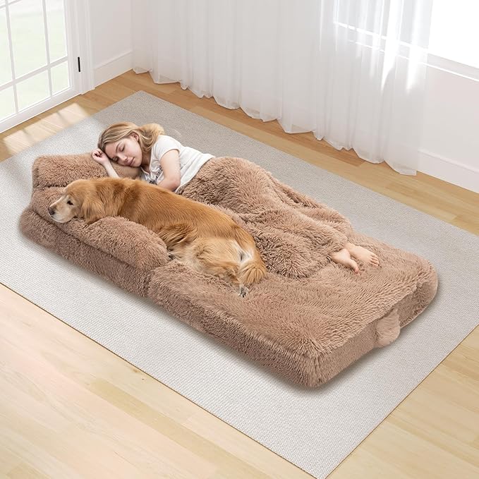 Foldable Human Dog Bed for Adults, Fluffy Human Sized with Blanket, Orthopedic Washable Dog Bed with Memory Foam and Water Repellent Liner Large for Pet (Brown, 72 * 44 * 12 inch)