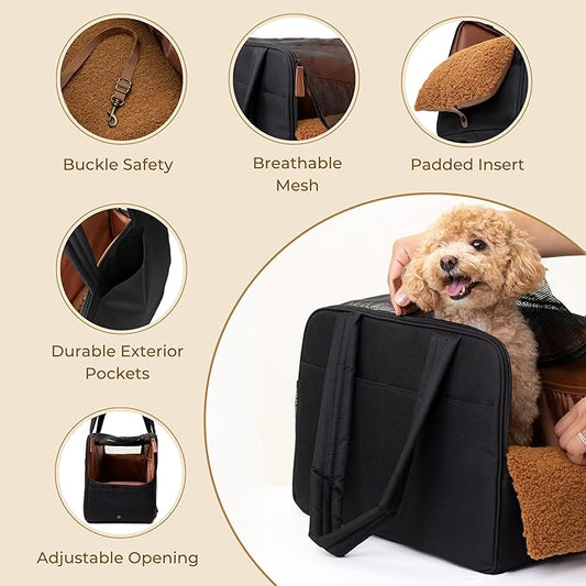 Black Dog Purse Carrier for Small Dogs – Cotton Padded Interior, Multiple Pockets, Breathable Mesh & Comfortable Strap, Durable Polyester Travel Bag, Lightweight Cat Carrier, Versatile Small Pet Bag