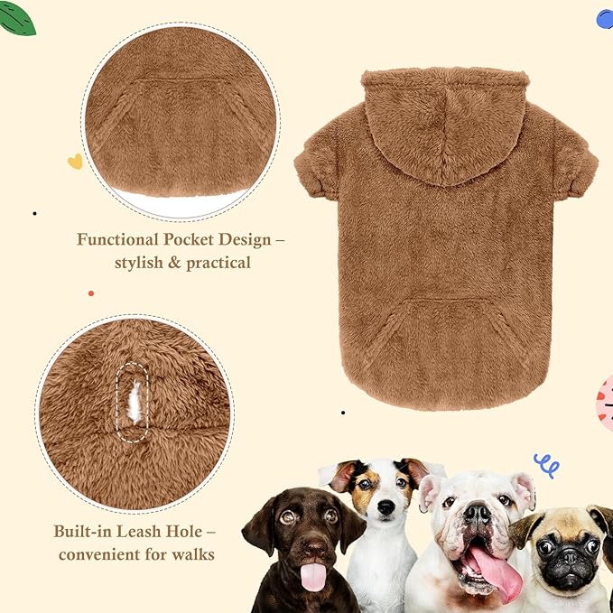 Dog Sweaters for Large Dogs,Dog Hoodie,Warm Fuzzy Fleece Sweatshirt with Hood & Pocket,Leash Hole,Cozy Cold Weather Pet Clothes Sweater Hoodie for Large Dogs(Coffee,2XL)
