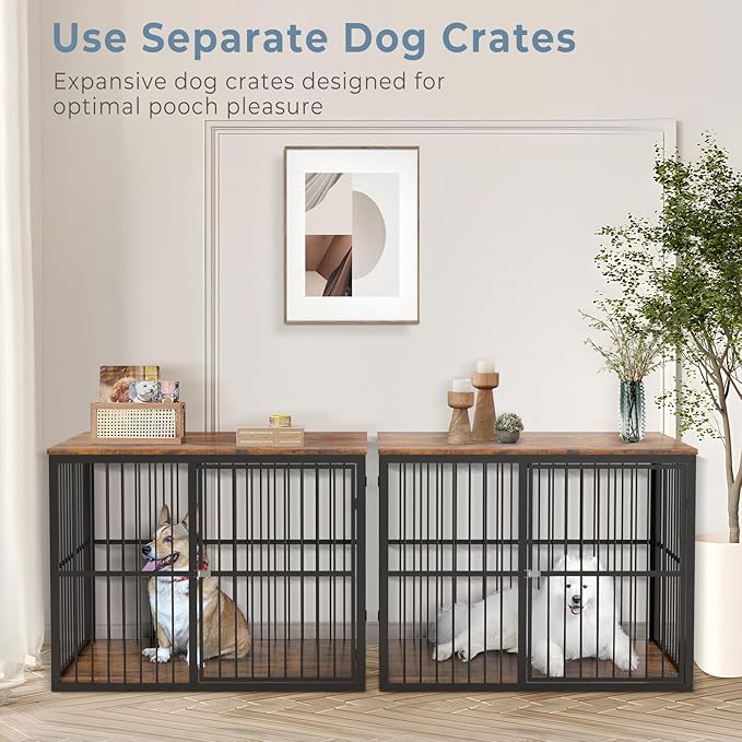 Lyromix 86.62''Dog Crate Furniture Large Breed TV Stand with Double Rooms,Wooden Dog Kennel Dog Crate End Table with Removable Divider for Large Medium Dogs, Can Use Separately, Brown
