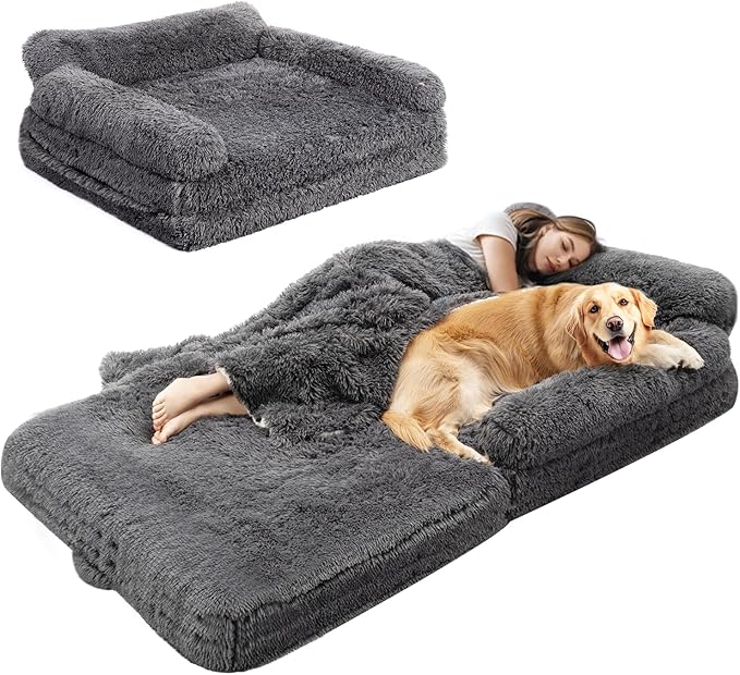 72" Foldable Human Dog Bed for Adults, Fluffy Faux Fur with Blanket, Orthopedic Washable Dog Bed with Memory Foam and Water Repellent Liner Extra Large Thick for Pet