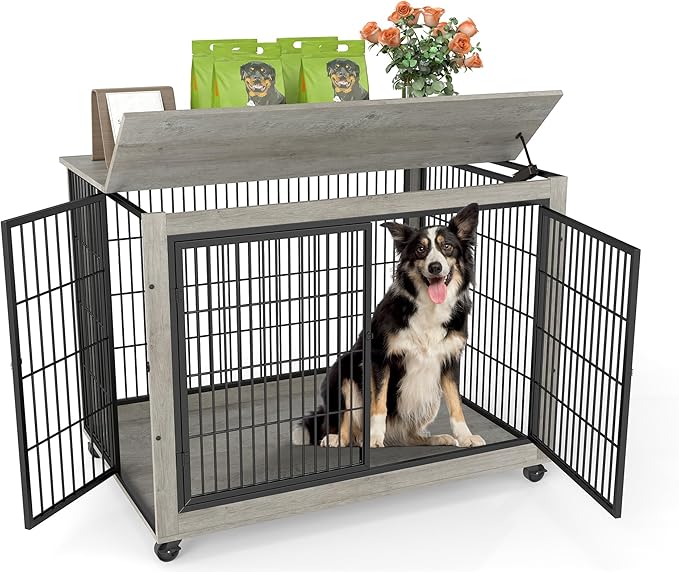 43" Movable Extra Large Dog Crate, Wooden Furniture Dog Crate with Top Access for Teasing/Feeding, 4 Rotating Wheels, Heavy-Duty Large Dog Kennel Indoor as End Table, Chew-Resistant, Gray