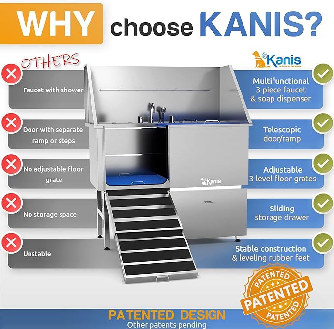 KANIS - 50" Professional Stainless Steel Dog Bathing Station, Left RAMP + 49" Professional Electric Dog Grooming Table, White