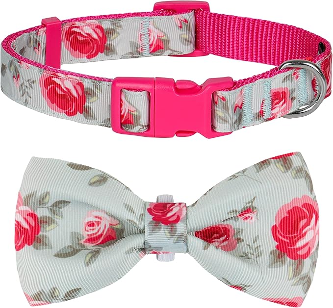 azuza Dog Collar with Bow Tie, Soft and Comfortable Adjustable Bowtie Dog Collar for Medium Dogs (M, Camellia Flower)