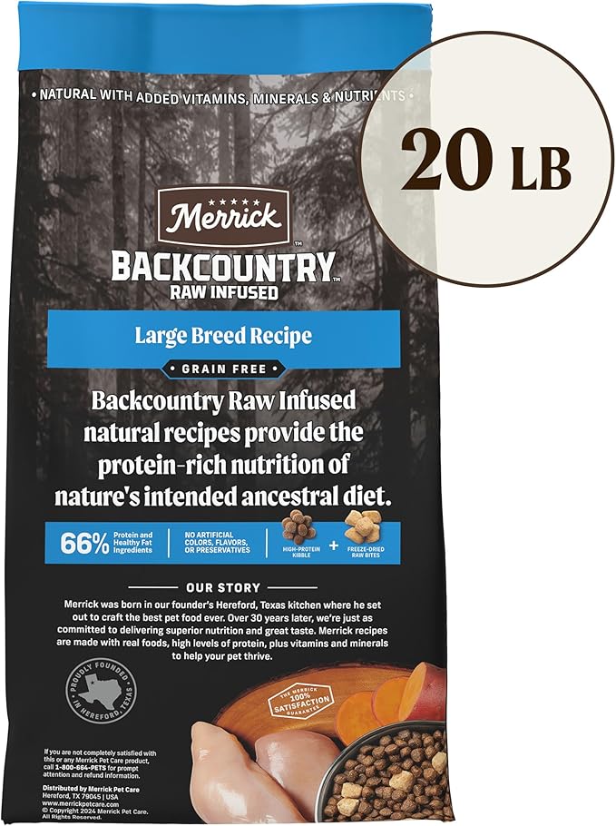 Merrick Backcountry Grain Free Dry Adult Dog Food, Kibble With Freeze Dried Raw Pieces, Large Breed Recipe - 20.0 lb. Bag