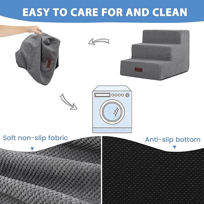 Dog Stairs for Small Dogs, 3-Step Non-Slip Pet Stairs for Couch Sofa and Chair, Dog Bed Stairs for Puppy, Older Cat,Grey,13.6" H