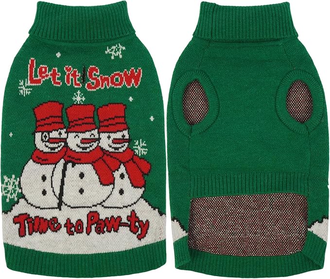 IECOii XL Christmas Dog Sweater for Large Dogs Girl Boy, Xmas Dog Turtleneck with Leash Hole, Sleeveless Easy On Knitted Sweater Holiday Snowman Snowflake Pattern for Christmas Family Photo, Green,XL
