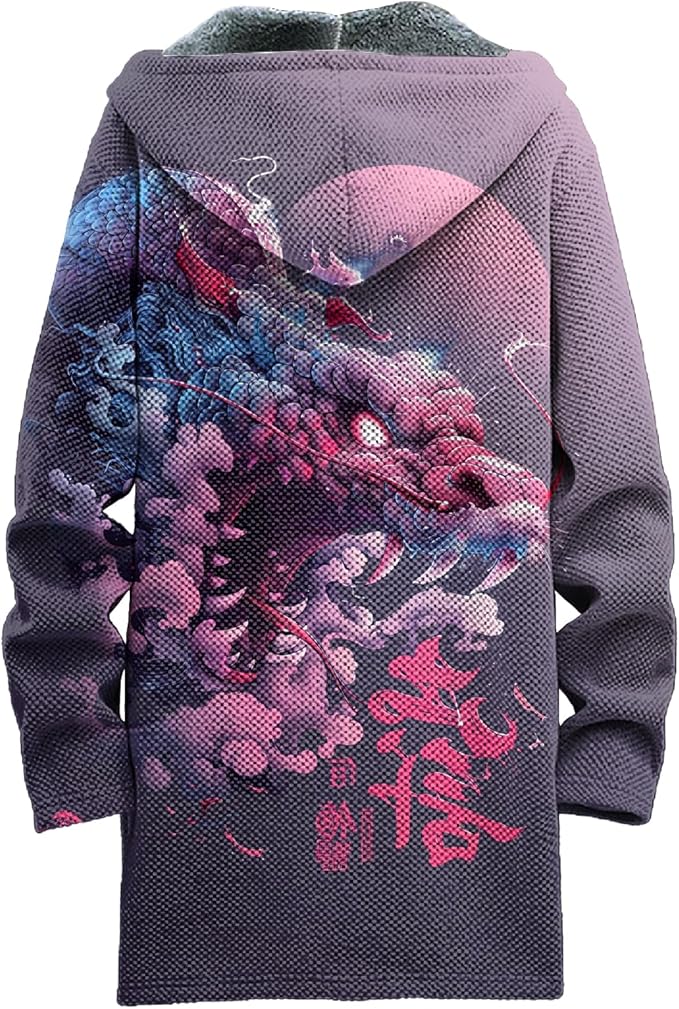 MARSVOVO Cool Hippie Long Cardigan Hoodies for Men Zipper Fleece Lined Knit Coat Skull Animal Print Graphic Jackets