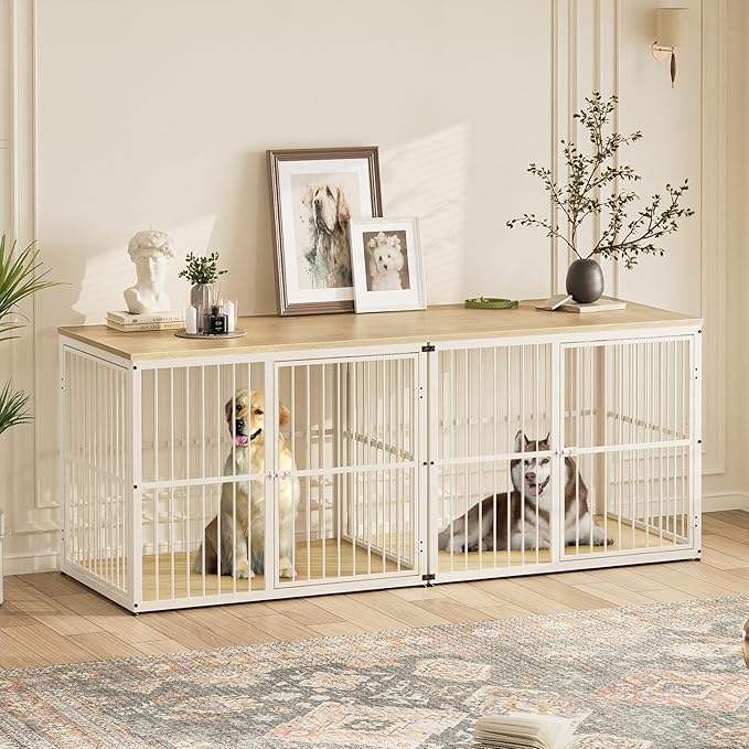Lyromix 86.62'' Dog Crate Furniture Large Breed TV Stand with Double Rooms for 2 Large Medium Dogs, Wooden Indoor Kennel Crate Cage End Table with Removable Divider, Can Use Separately, Natural Beech