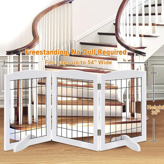 LZRS 3-Panel Freestanding Adjustable Wooden Dog Gate—30" Tall Foldable Pet Barrier with Support Feet, Chew-Resistant Solid Hardwood & Steel Wire Safety Fence for Doorways, Hallways, and Stairs, White
