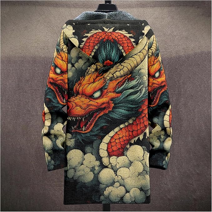 MARSVOVO Cool Hippie Long Cardigan Hoodies for Men Zipper Fleece Lined Knit Coat Skull Animal Print Graphic Jackets