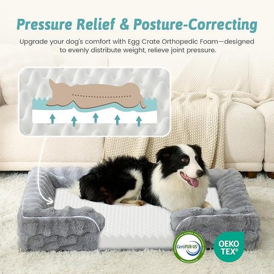 Faux Fur Orthopedic Dog Bed, Pet Couch for Medium Dog, Big Supportive Foam Bolster Sofa with Waterproof Lining Cover, Anti-Slip, Soft, Warm, Washable, C-Shaped, L 36x27x6.5 inch, Grey
