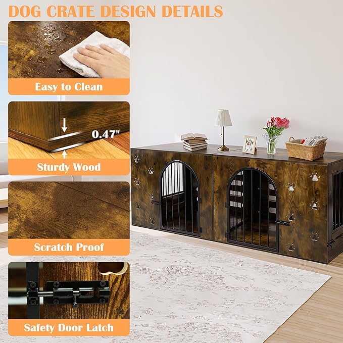 Dog Crate Furniture for 1 or 2 Dogs, Heavy Duty Single/Double Dog Kennel with Bowls, Farmhouse Wood Metal Dog Cage for Small/Medium/Large Dogs, Brown