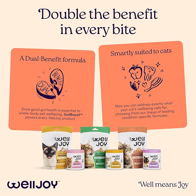 WIJ WellJoy Cat Treat Skin & Coat+ GutBoost | Nourishes Healthy Skin | Supports Shiny Coat | Dual-Benefit GutBoost Formulation | Vet Formulated | Made in USA | Real Shredded Chicken | 120 Soft Chews