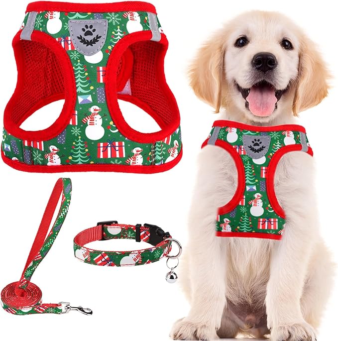 PUPTECK Adjustable Dog Harness Collar and Leash Set Step in No Pull Pet Harness for Small Medium Dogs Puppy and Cats Outdoor Walking Running, Christmas, L