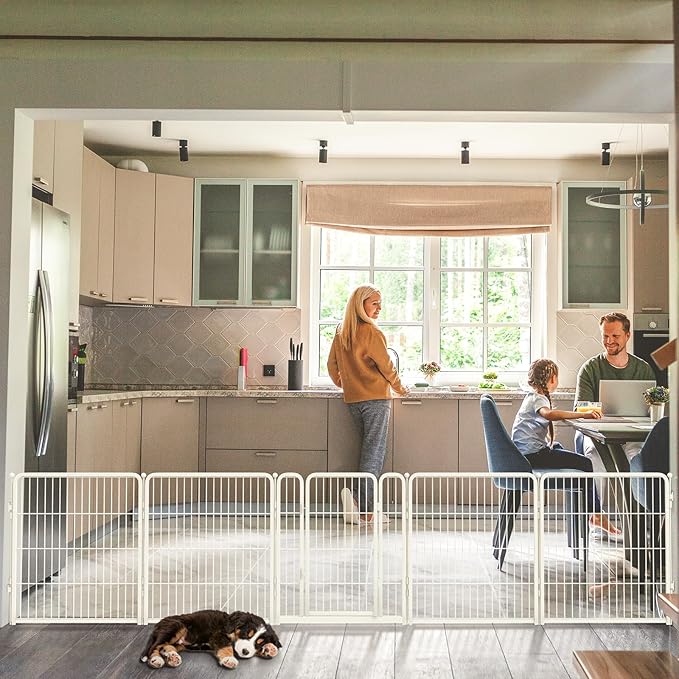 FXW Dog Gate Extra Wide Designed for Indoor Use, Adjustable Width Up to 219-inch Wide (32" H 8 Wire Panels for Small and Medium Dogs), White