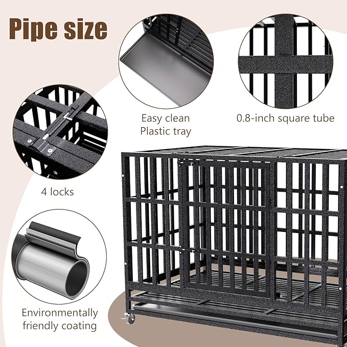 Enhanced Heavy Duty Dog Kennel Crate Cage with Strong Metal Frame, Double Doors and Lockable Wheels, for Extra Large Dog Breeds, Pet Playpen (Square, 48 inch)
