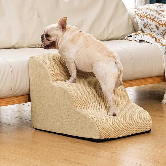 Dog Ramp and Stairs for Small Dogs & Cats,3-Step Pet Stairs for Couch Sofa and Chair,Indoor Anti-Slip Dog Stairs for Old Cats and Puppy,Khaki