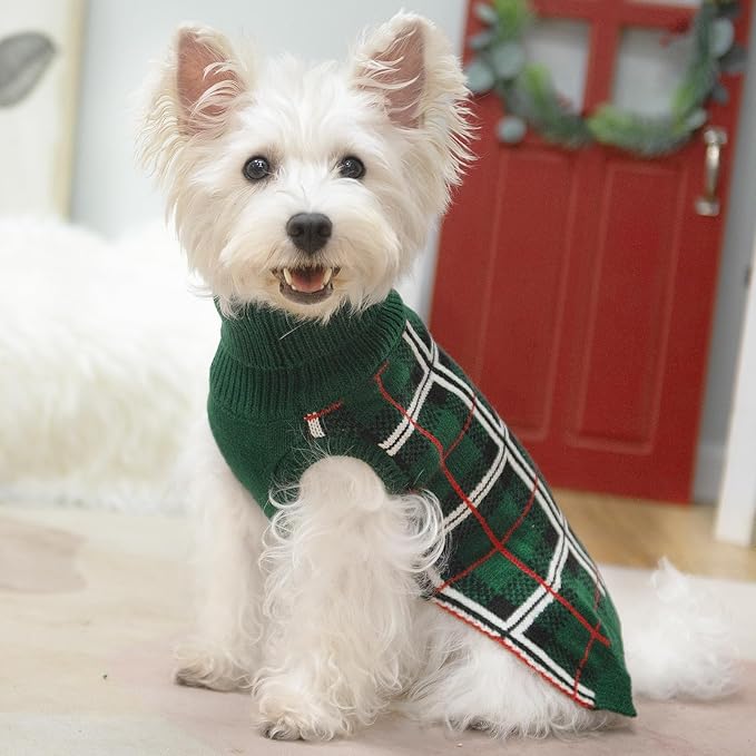 PUPTECK Dog Sweaters for Large Medium Small Dogs - Fall Classic Plaid Style Puppy Holiday Winter Coat Clothes Warm, Green, XS