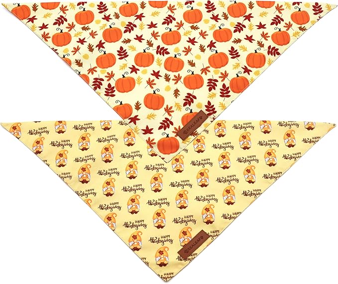 Realeaf Thanksgiving Dog Bandanas 2 Pack, Pumpkins and Happy Thanksgiving Pet Scarf for Boy and Girl, Premium Durable Fabric, Reversible Holiday Bandana for Small and Medium Dogs Pets (Small)