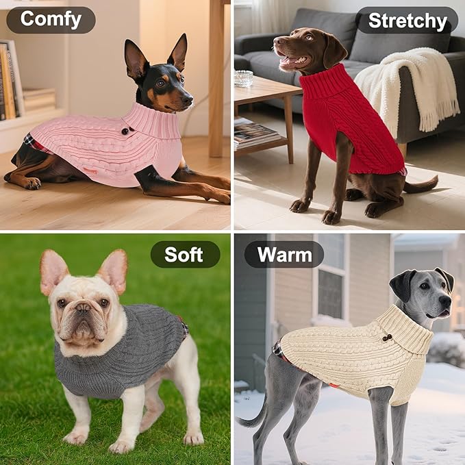 KYEESE Dog Sweater Warm Turtleneck Medium Dogs Sweater with Gingham Patchwork Comfy Pet Coat for Fall Winter Cold Weather Soft Pullover Dog Sweaters for Medium Dogs Boy