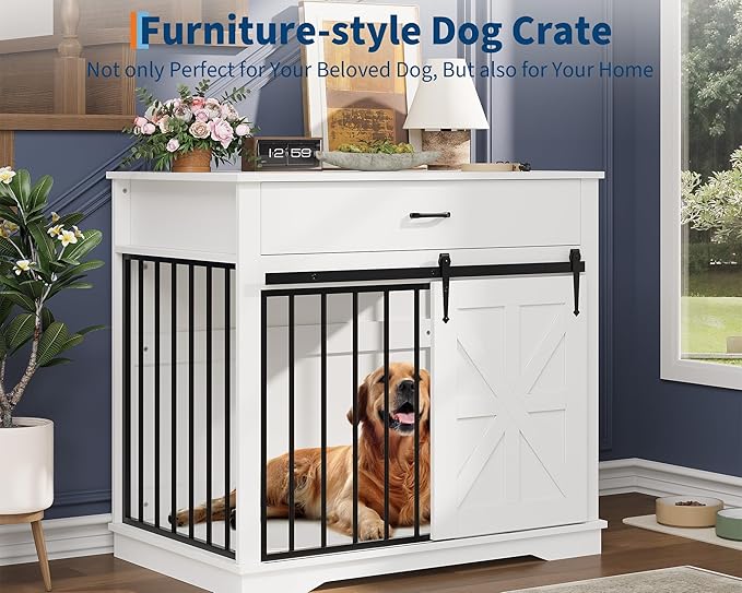 37.8" Dog Crate Furniture for Small Medium Dogs, 2-in-1 Iron-Wood Fusion Dog Cage Indoor As Side End Table, Farmhouse Dogs Kennel with Sliding Barn Doors & Drawer, White