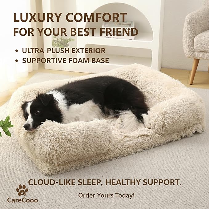 Orthopedic Dog Bed for XL Dogs - Washable Memory Foam Pet Sofa, Fluffy Plush Rectangular Bed, Waterproof Anti-Anxiety Couch, Light Gray, XL