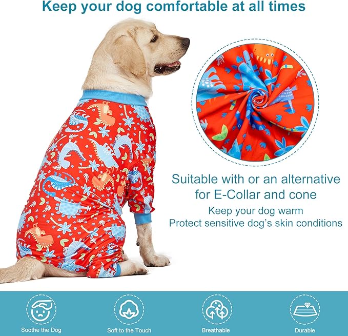 LovinPet Pitbull Dog Pajamas, Large Dog Onesies for Surgery Care, Lightweight Stretchy Knit Fabric, Dinosaur Jungle Red Print, Pet Clothes, UV Protection, Pet Anxiety Relief, PJ's for Dogs, L