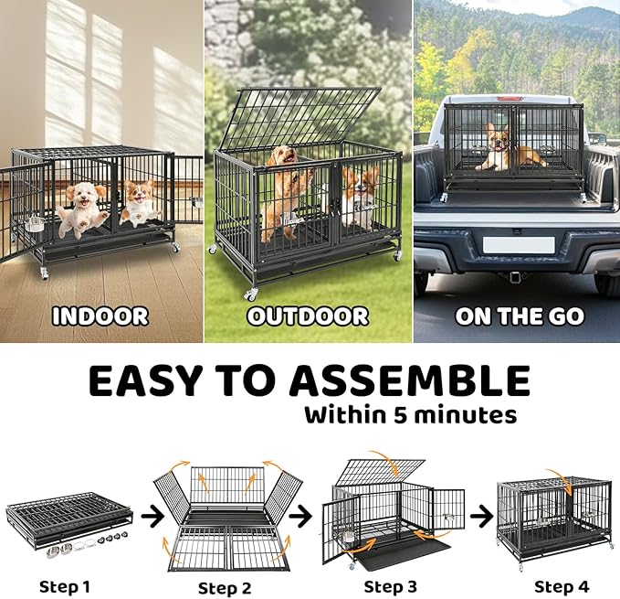 Homey Pet 3 Pack Three Tiers 43 inch Stackable Heavy Duty Dog Crate with Wheels, Indestructible Steel Dog Cage Kennel Indoor with Detachable Divider, Trays, Feeding Bowls, Escape Proof Locks