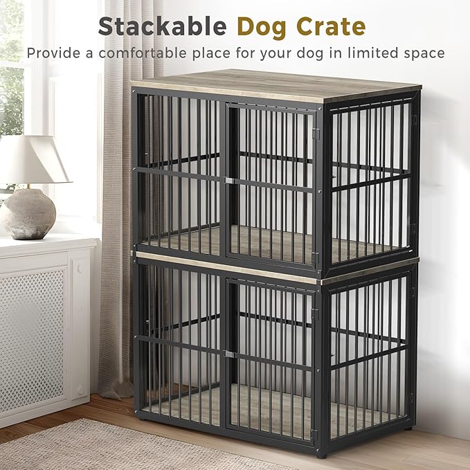 Lyromix 43'' Stackable Dog Crate Furniture Large Breed with Double Rooms,Wooden Dog Crate Heavy Duty Dog Kennel Indoor with Removable Divider for Small to Medium Dogs, Can Use Separately