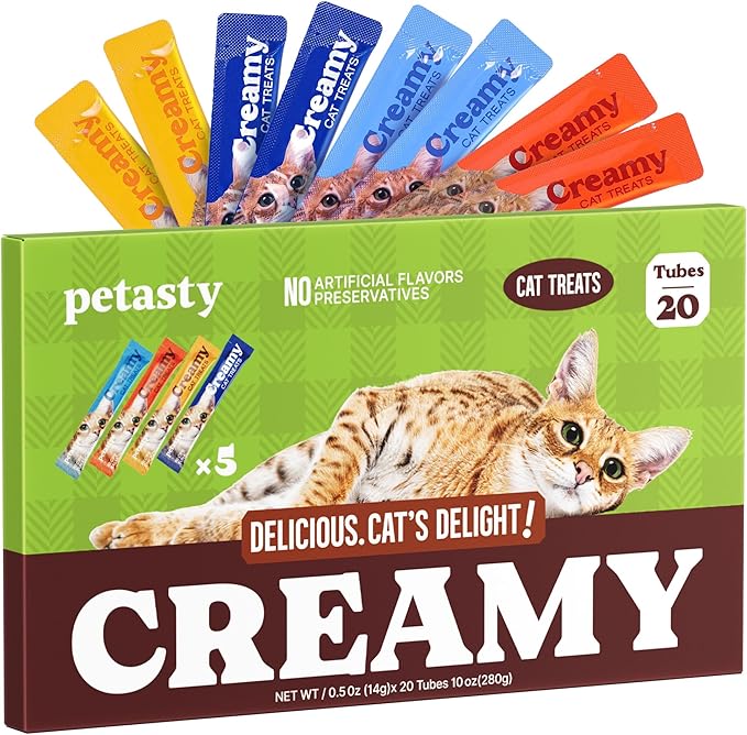 PETASTY Lickable Cat Treats, High Moisture Hydrating Creamy Puree Squeeze Tubes, Variety Pack, 20 Tubes 0.5oz, Grain-Free, Omega Oils & Vitamin E, Skin & Coat Health, Digestive and Immune Support