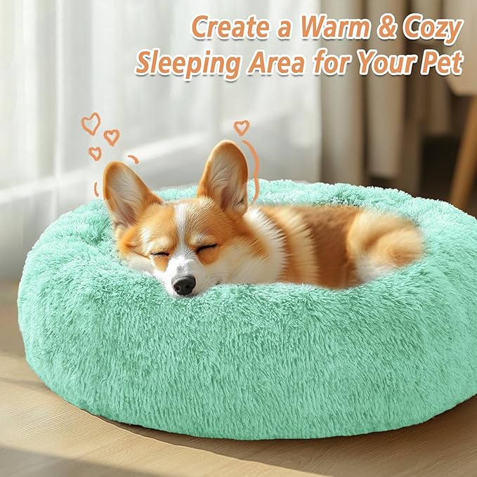 JOLLYVOGUE Small Dog & Cat Beds for Indoor Cats, Donut Cuddler Warming Soft Dog Beds with Anti-Slip Bottom, Round Calming Fluffy Plush Faux Fur Cushion Bed for Small Dogs (23", Mint Green)