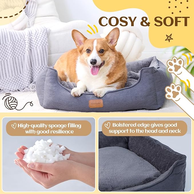 Rectangle Dog Bed for Large Medium Small Dogs Washable Pet Bed with Bolster Sides Non-Slip Bottom Pet Sofa Waterproof Lining Durable Pet Cuddler, Dark Grey, 33x 26x 7.5
