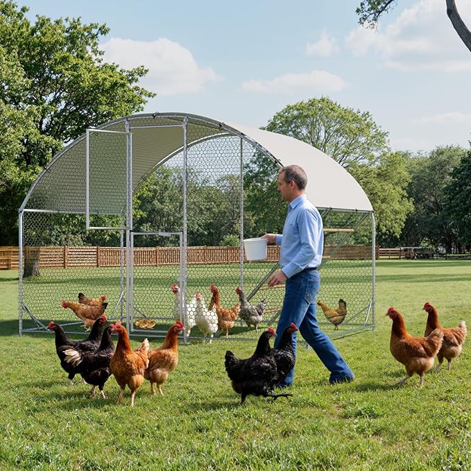 Large Chicken Coop,10x6.5x6.5FT Metal Chicken Run for Yard with Feeding Door, Round Top Walk-in Chicken Pen,Outdoor Poultry Cage with Anti-UV Cover,Rabbit Duck House