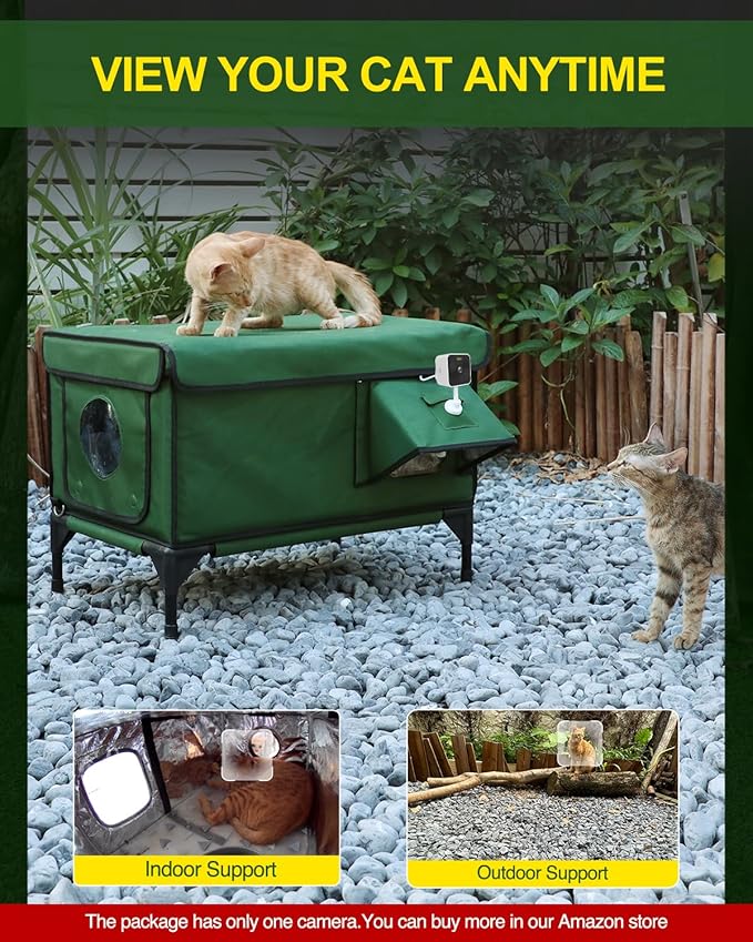 Heated Cat House for Outside,Dual Camera Mounts,100% Weatherproof & Extremely Insulated,Elevated Feral Cat Shelter with Escape Door,Waterproof Eaves for Outdoor Stray Barn Cat(Army Green,L)