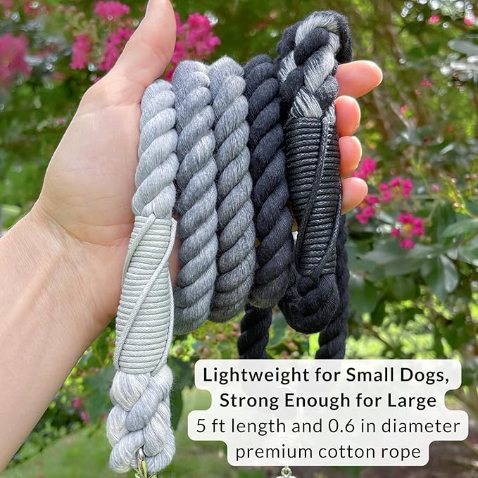 DJANGO Cotton Rope Dog Leash 5ft – Handcrafted Dog Leash and Black Ombre Braided Leash for Small, Medium, and Large Dogs – Stylish Durable 5 Foot Training Lead with Silver Hardware – Poppy Seed Gray