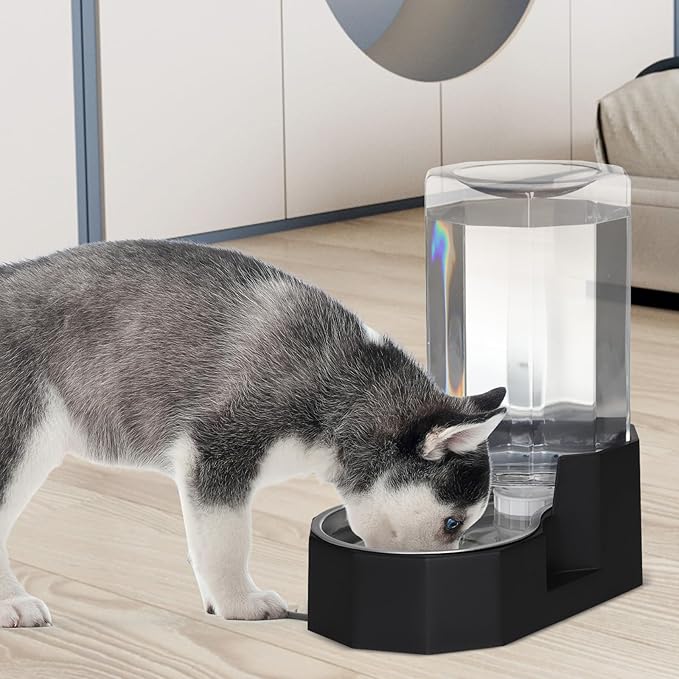 Sfozstra Dog Water Bowl Dispenser: 7L Large Black Gravity Stainless Steel Bowl - with Specialized Brush - Pet Feeder for Pets with Spinal Problems - Use in Garage Garden