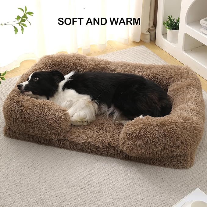 Orthopedic Dog Bed for Large Dogs - Washable Memory Foam Pet Sofa, Fluffy Plush Rectangular Bed, Waterproof Anti-Anxiety Couch, Khaki, L