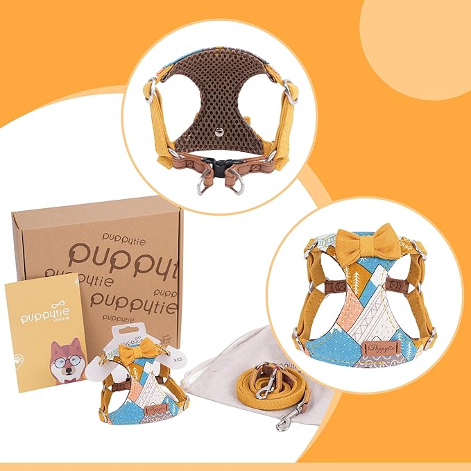 Puppytie No Pull xs Dog Harness with Multifunction Dog Leash,Soft Adjustable No Choke Escape Proof Pet Harness Vest,Suede Bow Yellow,XXS