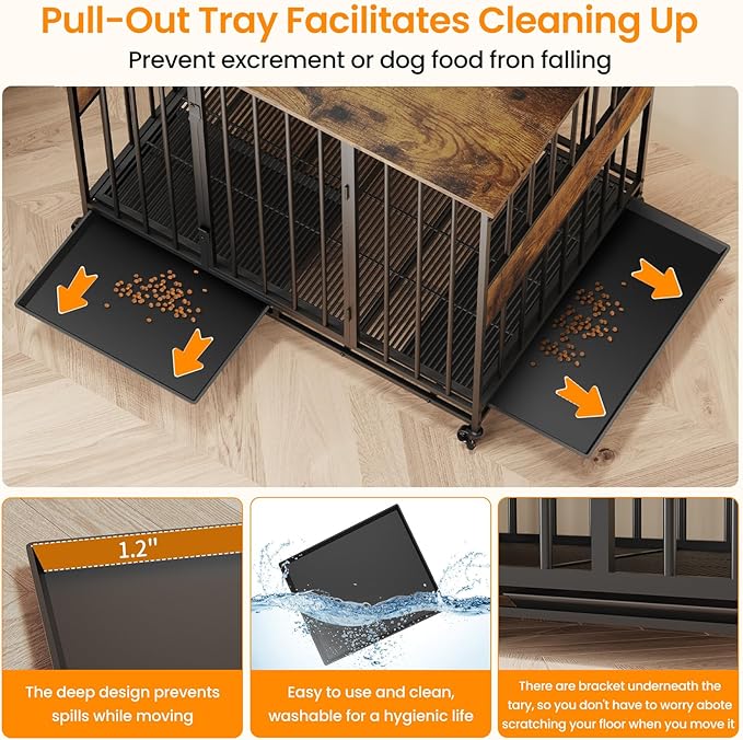 Dog Crate Furniture for Large Dogs, 42 Inch Indoor Large Kennel, Wooden Pet Cage Decorative Corner End Table with Caster Wheels & Double Removable Tray, Rustic Brown