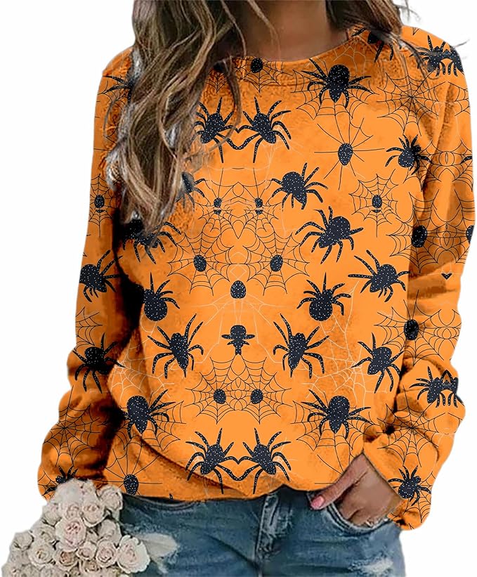 MARSVOVO Fall Sweatshirt for Women Novelty Spider Web Shirt Dressy Casual Crewneck Tunic Tops Spring Graphic Pullover