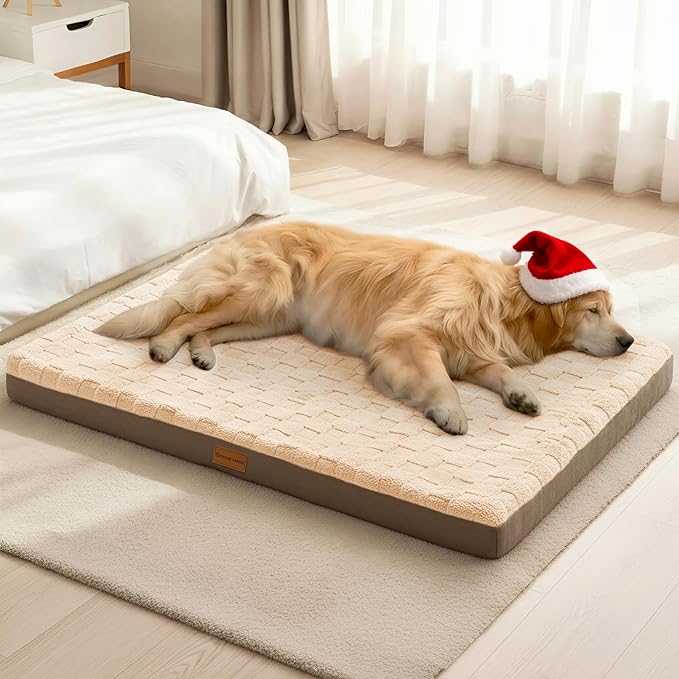 Patas Lague Orthopedic XL Dog Bed Large Sized Dog 42''X28'', Waterproof Soft Comfortable Egg Crate Foam Large Pet Beds Crate Mat with Removable Washable Cover and Nonskid Bottom, Brown