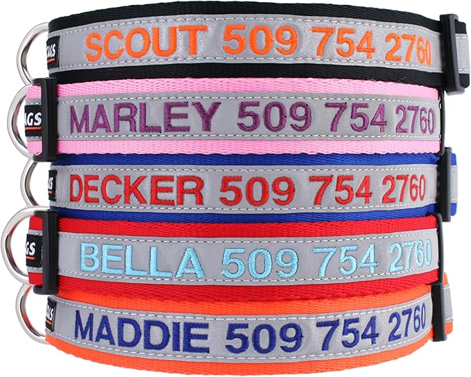 GoTags Reflective Personalized Dog Collar, Custom Embroidered with Pet Name and Phone Number in Pink for Boy and Girl Dogs, Adjustable Small