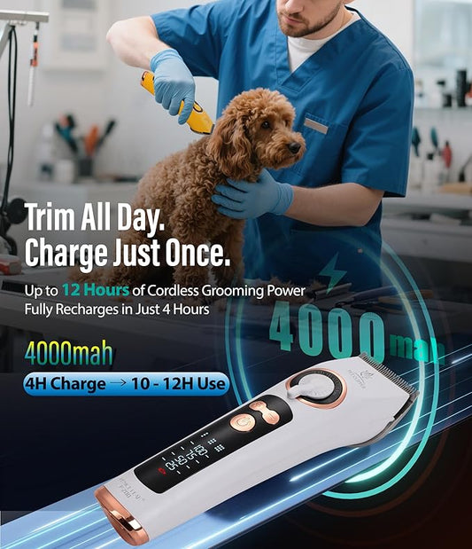 Professional Dog Grooming Clippers with 12H Runtime & Replaceable 440C Blade, 3-Speed Low Noise Electric Dog Shaver for Thick, Matted, Curly Hair, Cordless Clipper for Groomer & Home Use, White