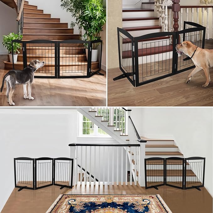 ZJSF Freestanding Dog Fence Indoor, Foldable Dog Gate for Doorways, Stairs or Hallways, Sturdy Wood Extra Wide Pet Gate with Support Feet for The House, Black, 24 "Height-2 Panels