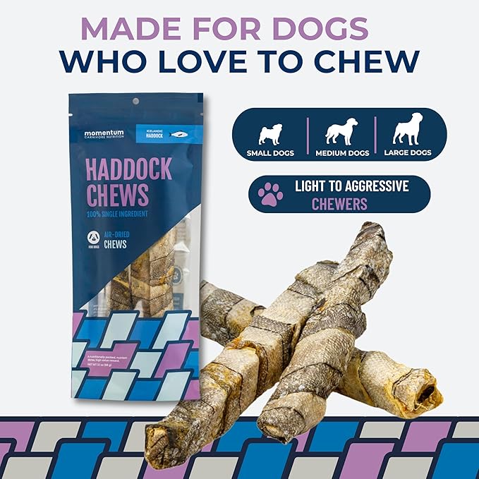 Momentum Carnivore Nutrition Haddock Dog Chews – Single Ingredient Icelandic Haddock Skin Treats – Natural Dental Support, High-Protein Fish – Healthy Long-Lasting Chews for Dogs - 3.1 oz Bag