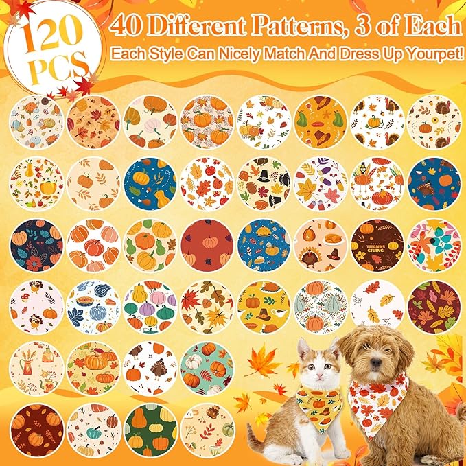 Amylove 120 Pcs Christmas Dog Bandanas Bulk Thanksgiving Day Holiday Triangle Dog Pack Puppy Kerchief Bandana Adjustable Pet Scarf for Pet Cat Costume Accessories Decor(Turkey)